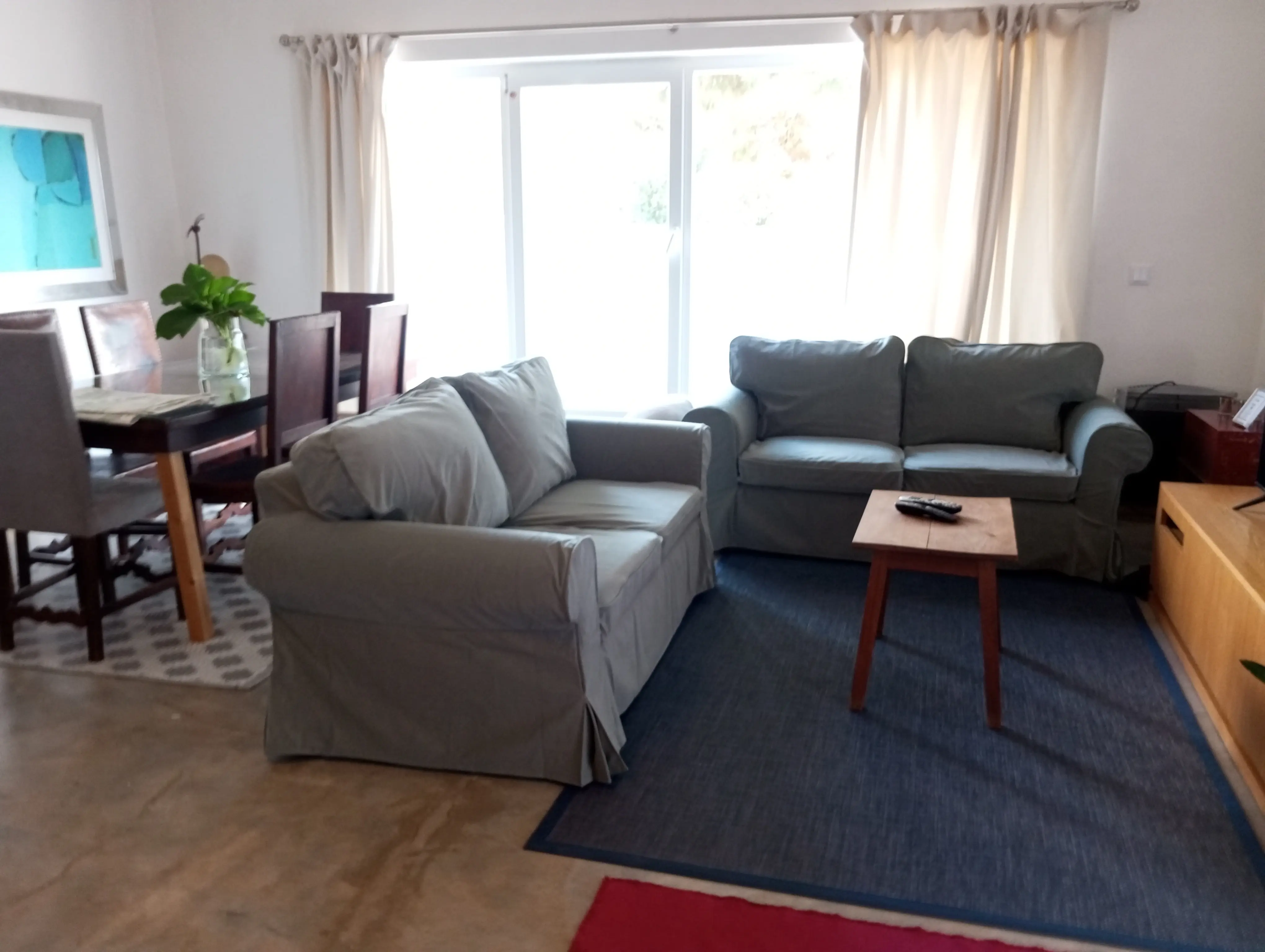 Zona de estar da Casa Principal com sofás, tapete azul e janela ampla sobre o jardim